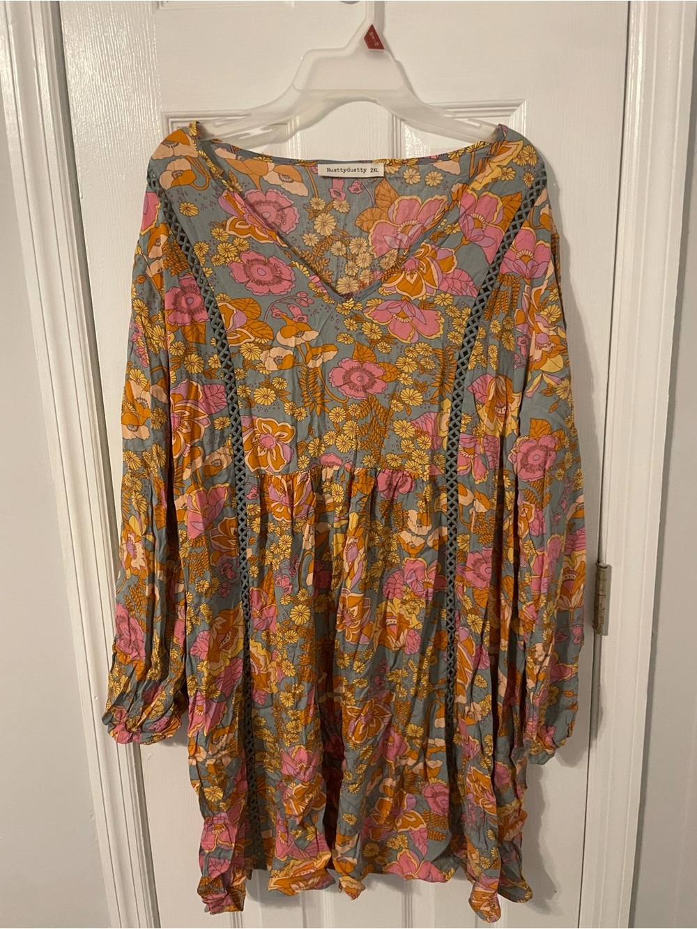 RusttyDustty Plus Size Floral V-Neck 70’s Hippie Dress in Gray, Pink & Mustard